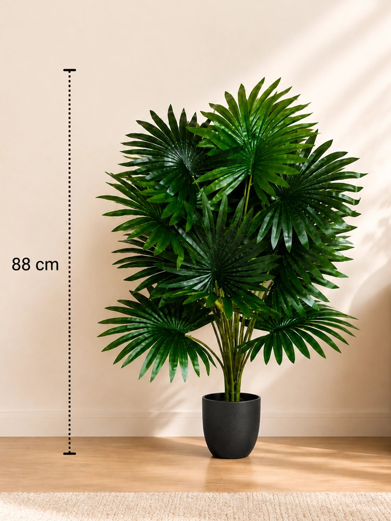 Artificial Fan Palm Plant | Patterned Green Leaves | 75 cm | 18 Leaves | With Basic Pot