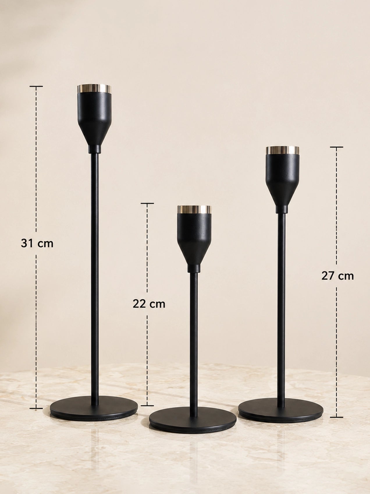 Candle Holder with Gold Accent | Matt Black | Set of 3