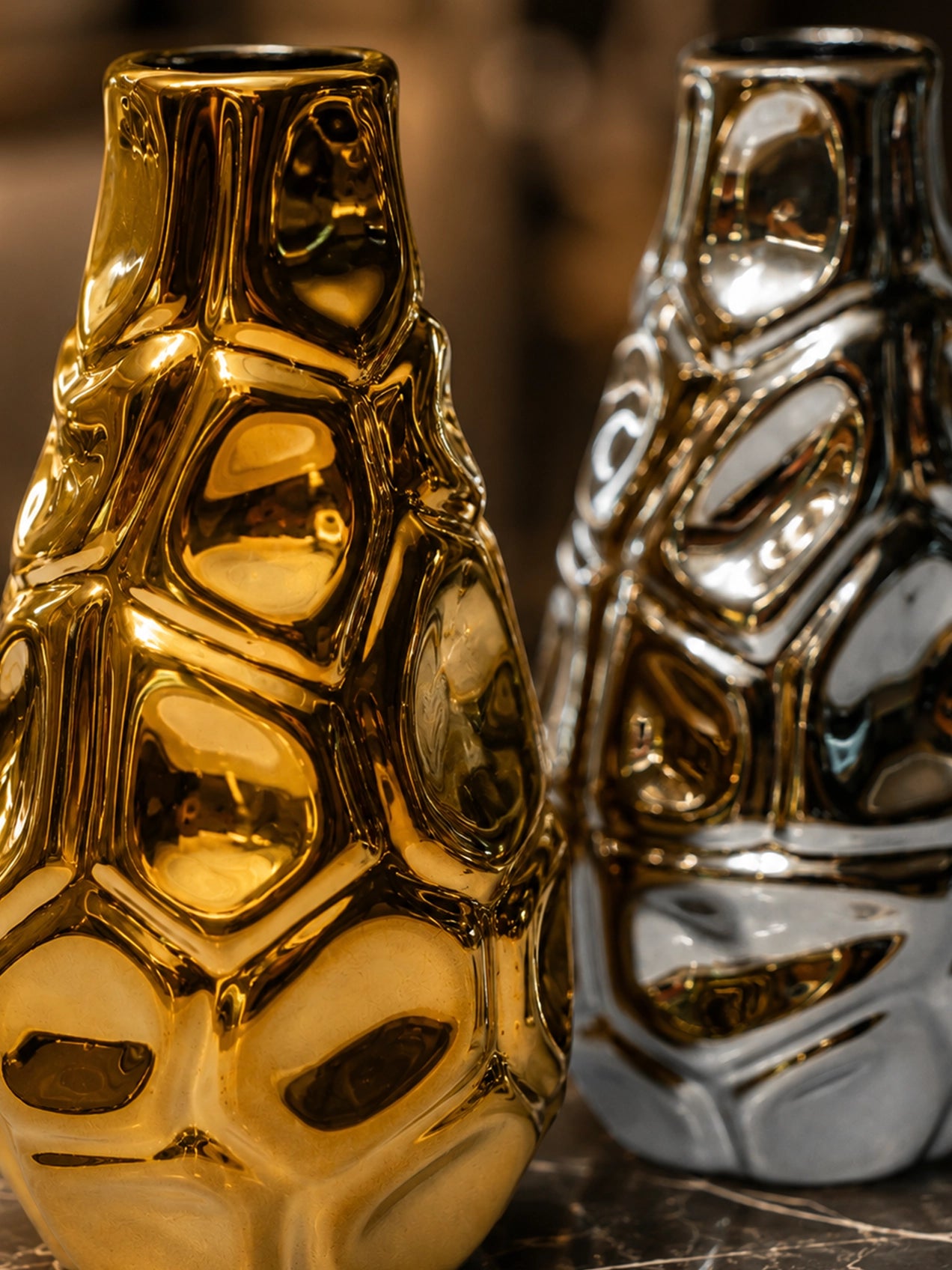 Luxe Honeycomb Geometry Vase | Golden, Silver | 15 cm | Set of 2