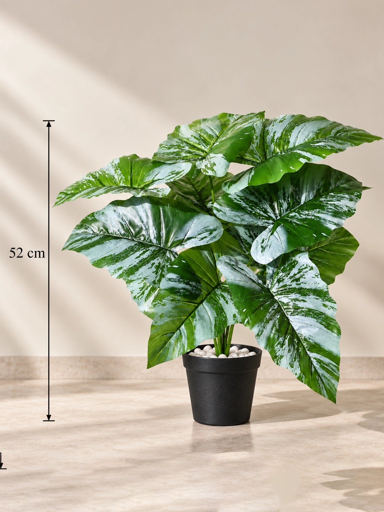 Artificial Caladium Plant | Green & White Leaves | 52 cm | 12 Leaves | With Basic Pot