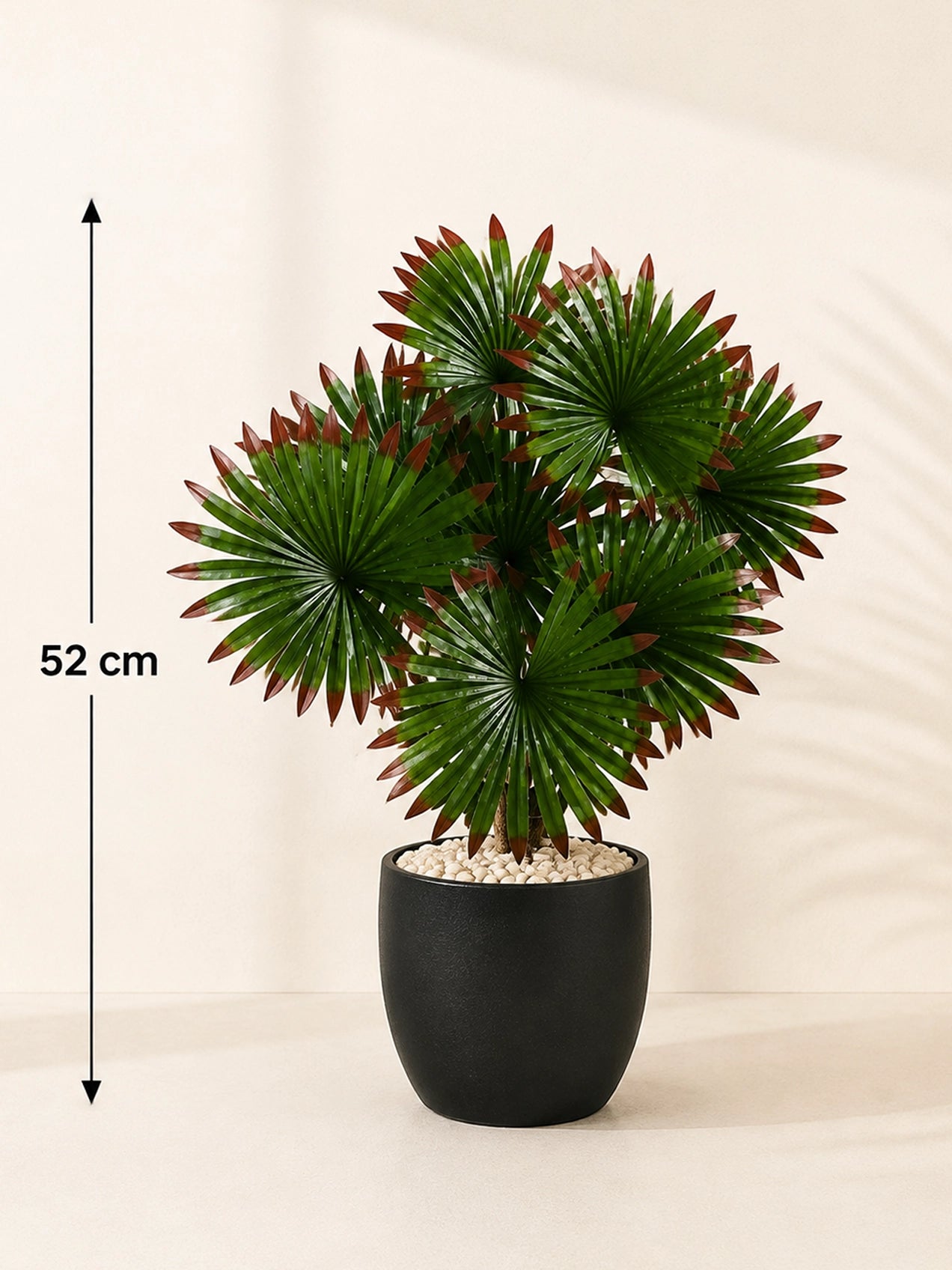 Artificial Fan Palm Plant | Patterned Green & Red Leaves | 52 cm | 12 Leaves | With Basic Black Pot