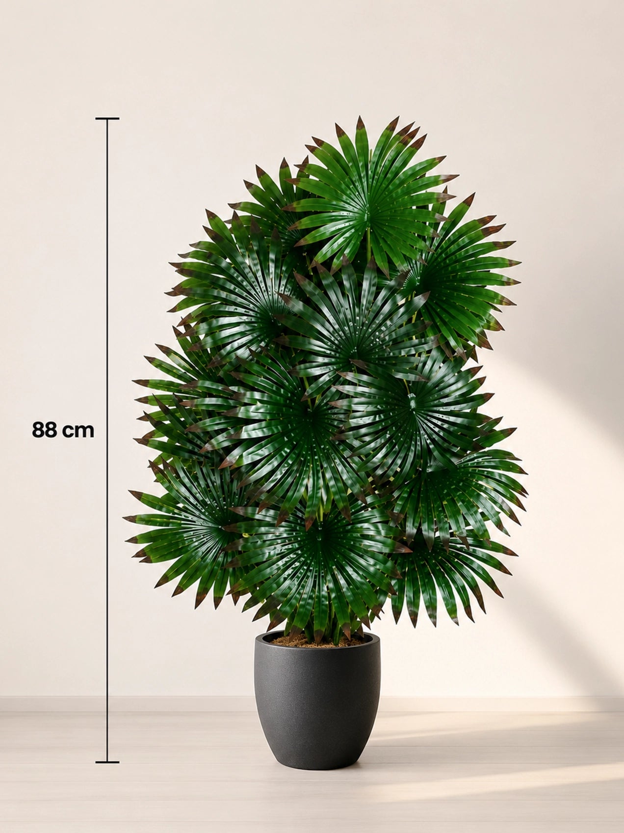 Artificial Fan Palm Plant | Patterned Green & Red Leaves | 75 cm | 18 Leaves | With Basic Black Pot