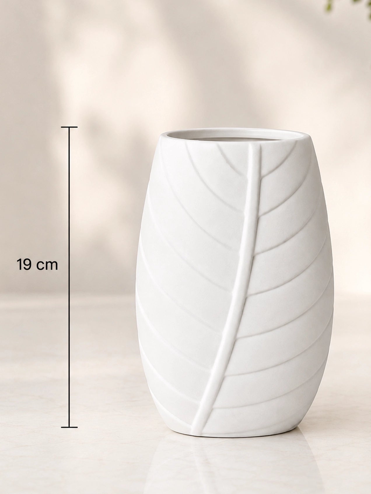 Leaf Impressed Ceramic Vase | White | 19 cm