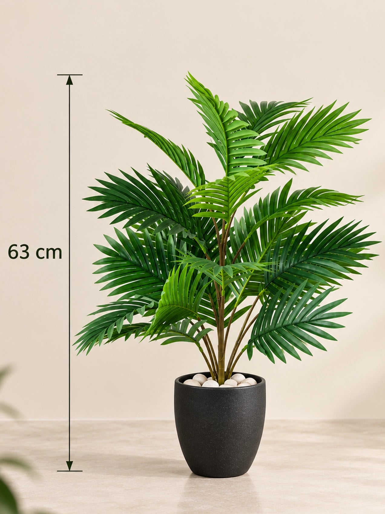Artificial Areca Palm Plant | 63 cm | 21 Leaves | With Basic Black Pot