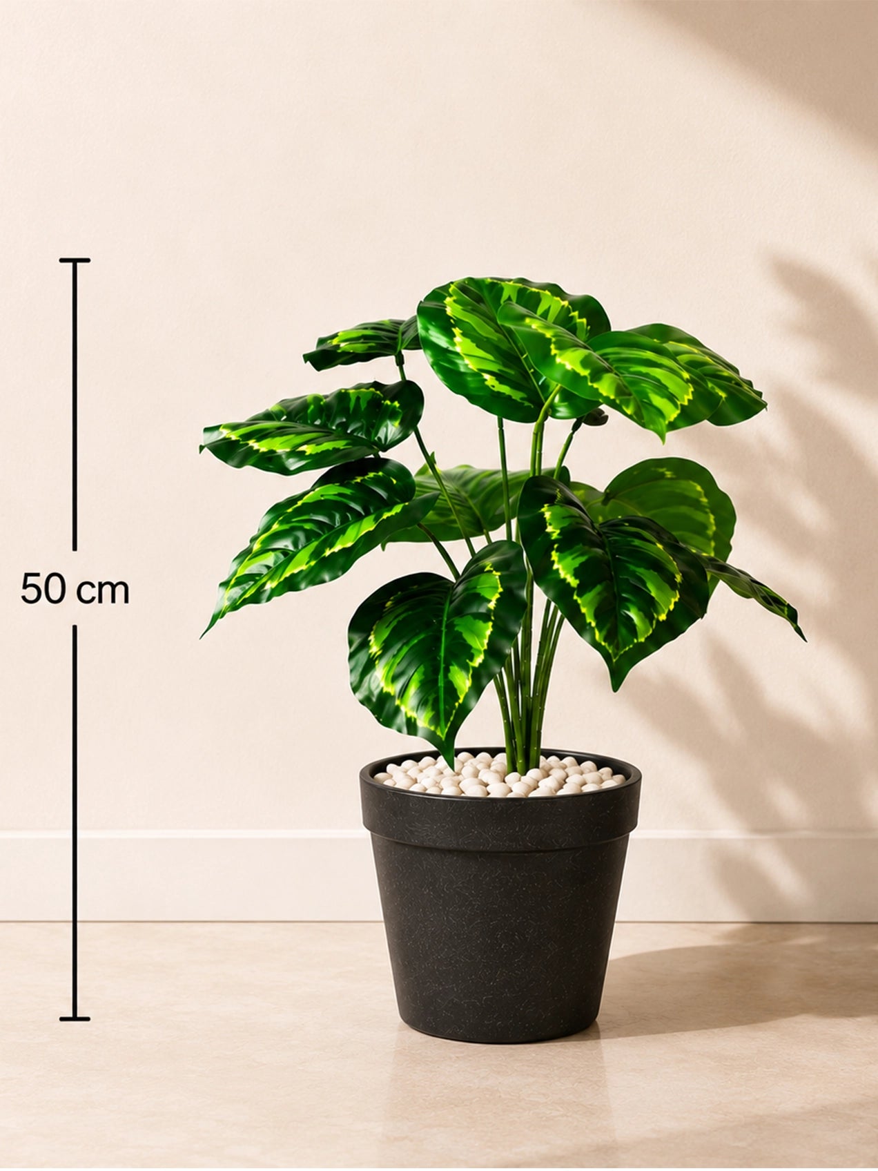 Artificial Philodendron Plant | Patterned Green Leaves | 50 cm | 12 Leaves | With Basic Pot