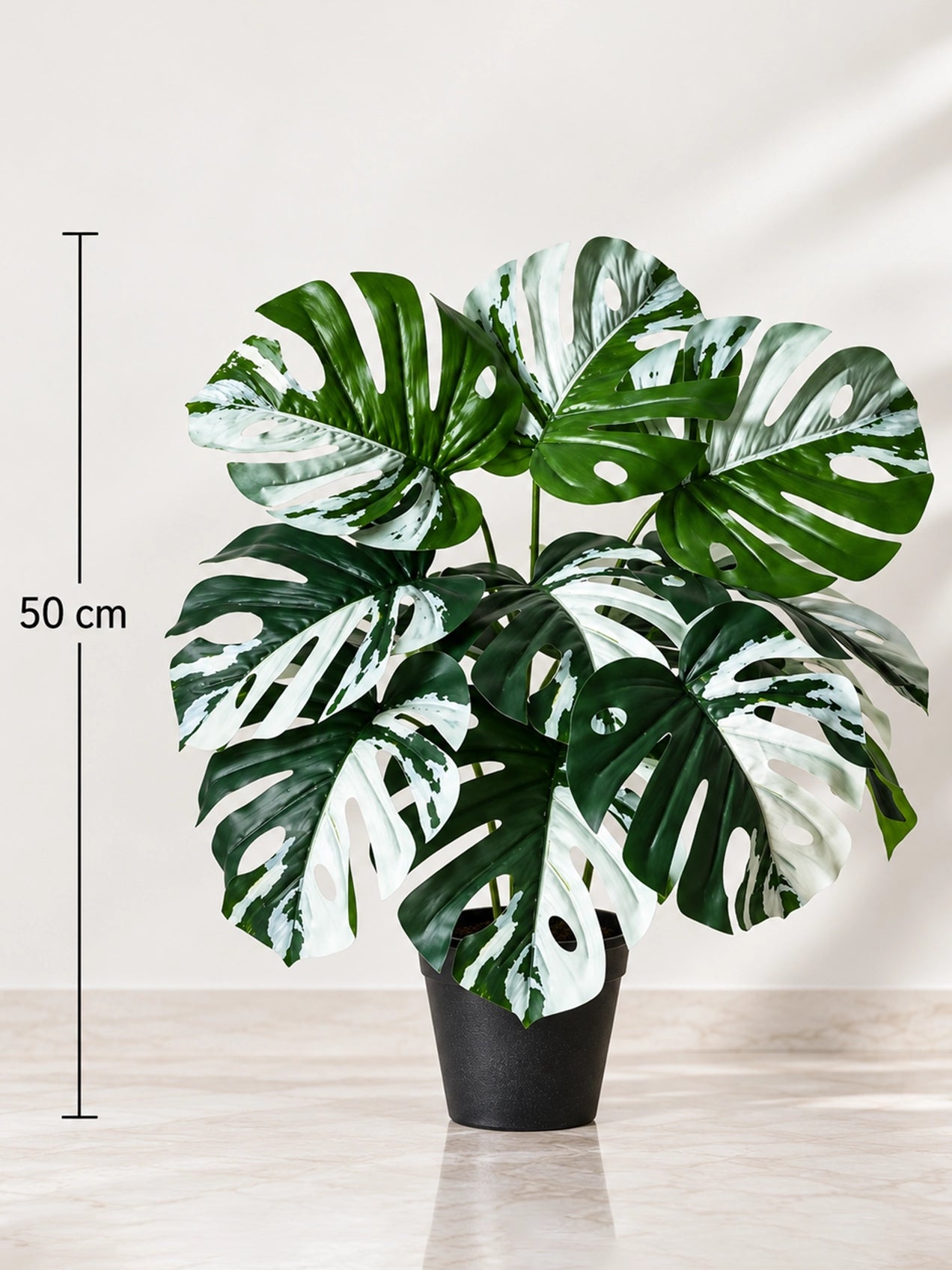 Artificial Monstera Plant | Green-Grey Leaves | 50 cm | 12 Leaves | With Basic Black Pot