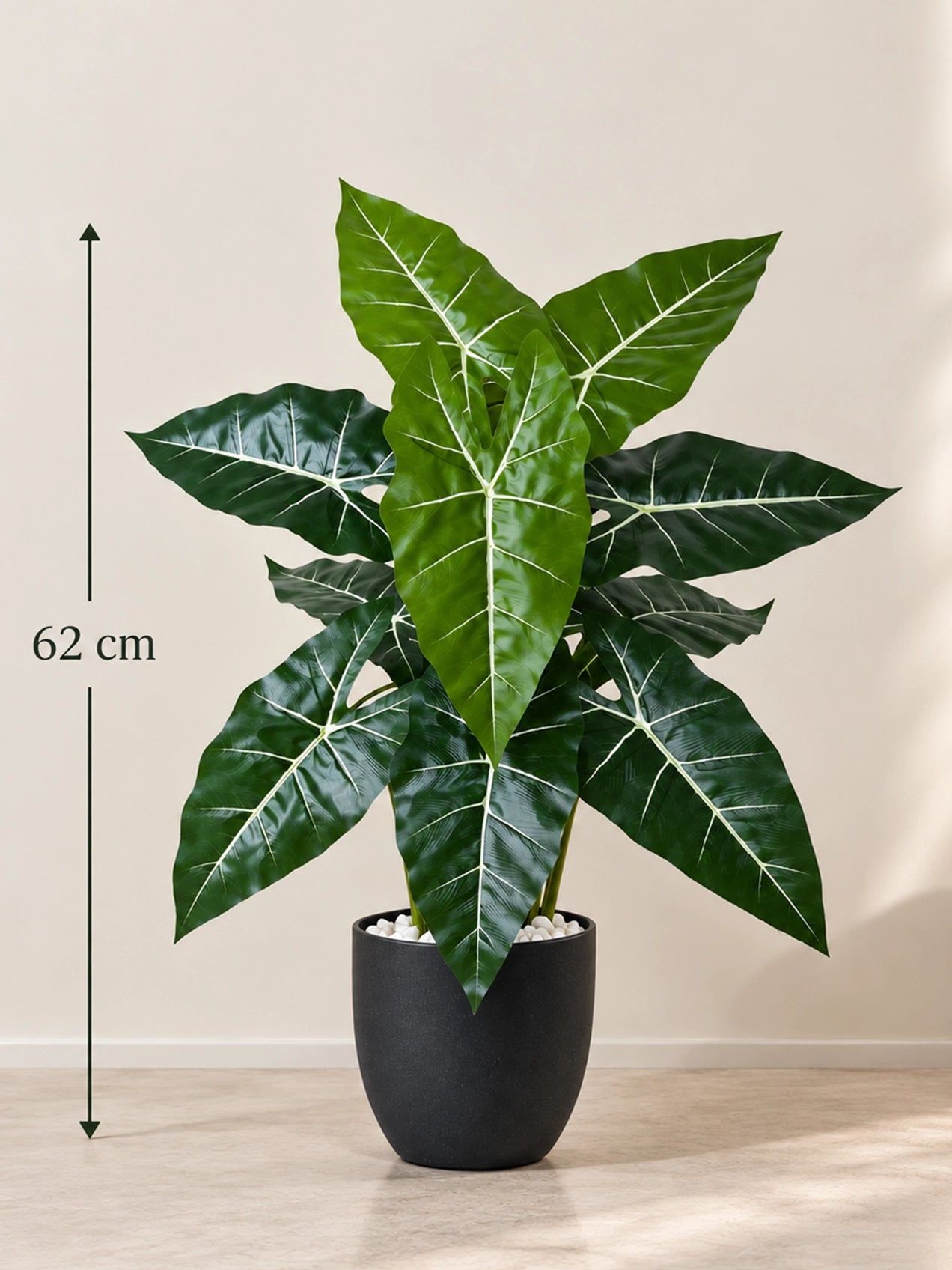 Artificial White-Veined Caladium Plant | 62 cm | 12 Leaves | With Basic Pot
