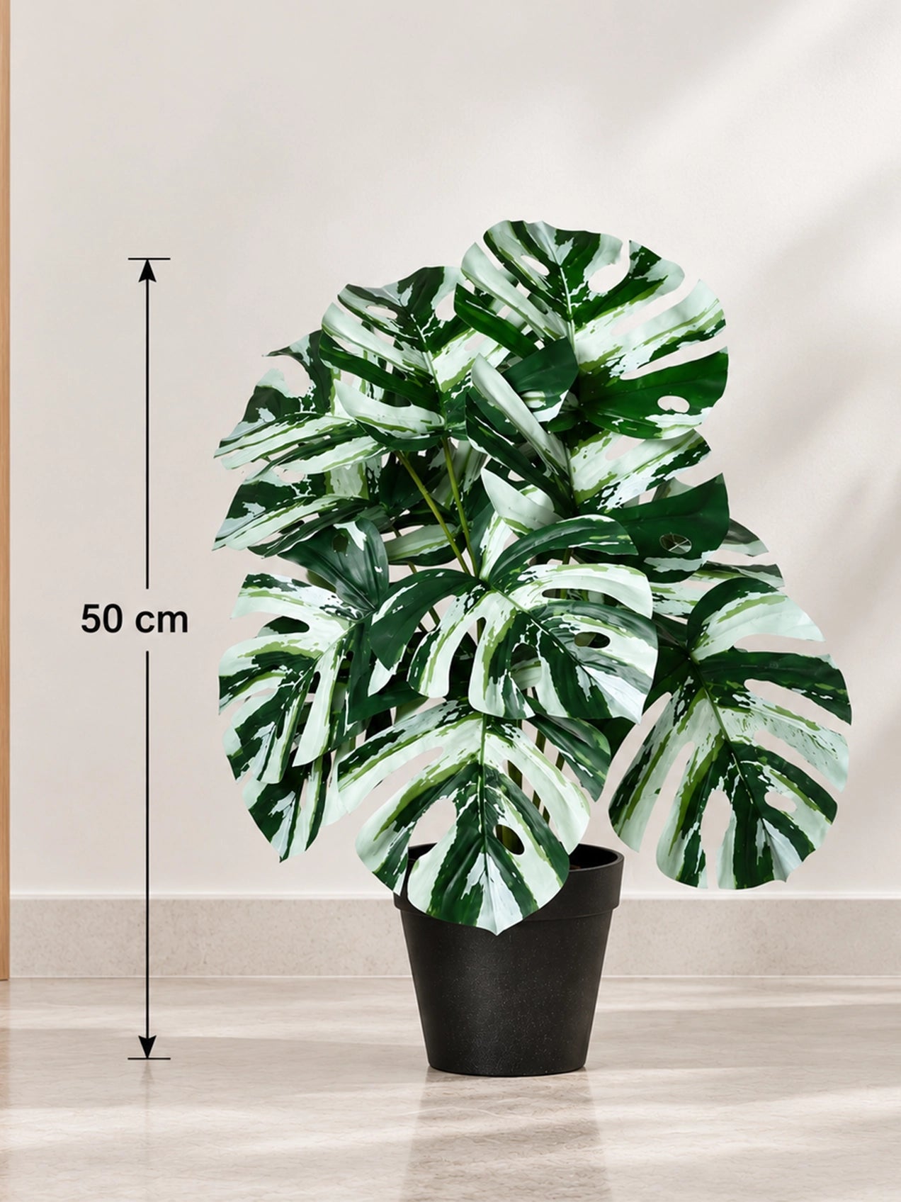 Artificial Monstera Plant | Green-White Leaves | 50 cm | 12 Leaves | With Basic Pot
