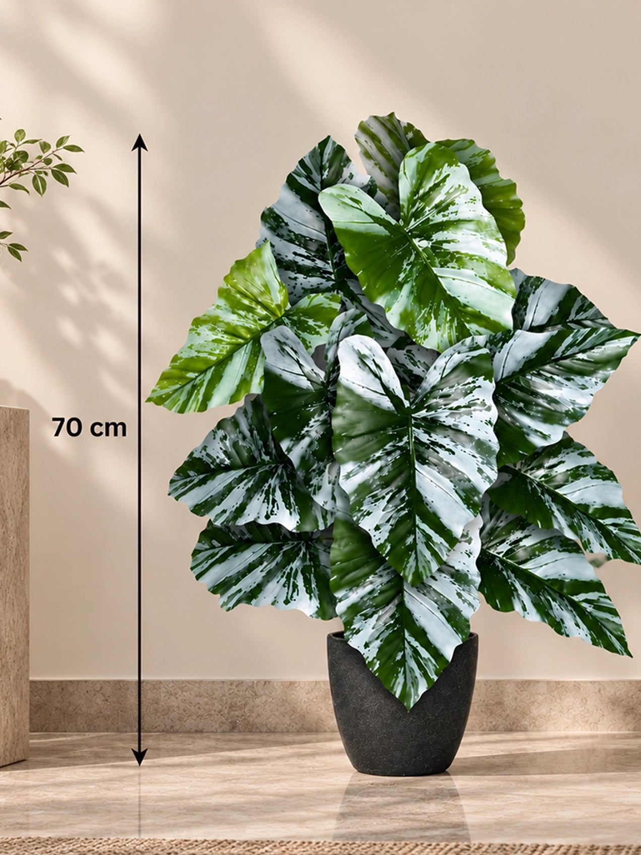 Artificial Tropical Caladium Plant | Green & White Leaves | 70 cm | 18 Leaves | With Basic Pot