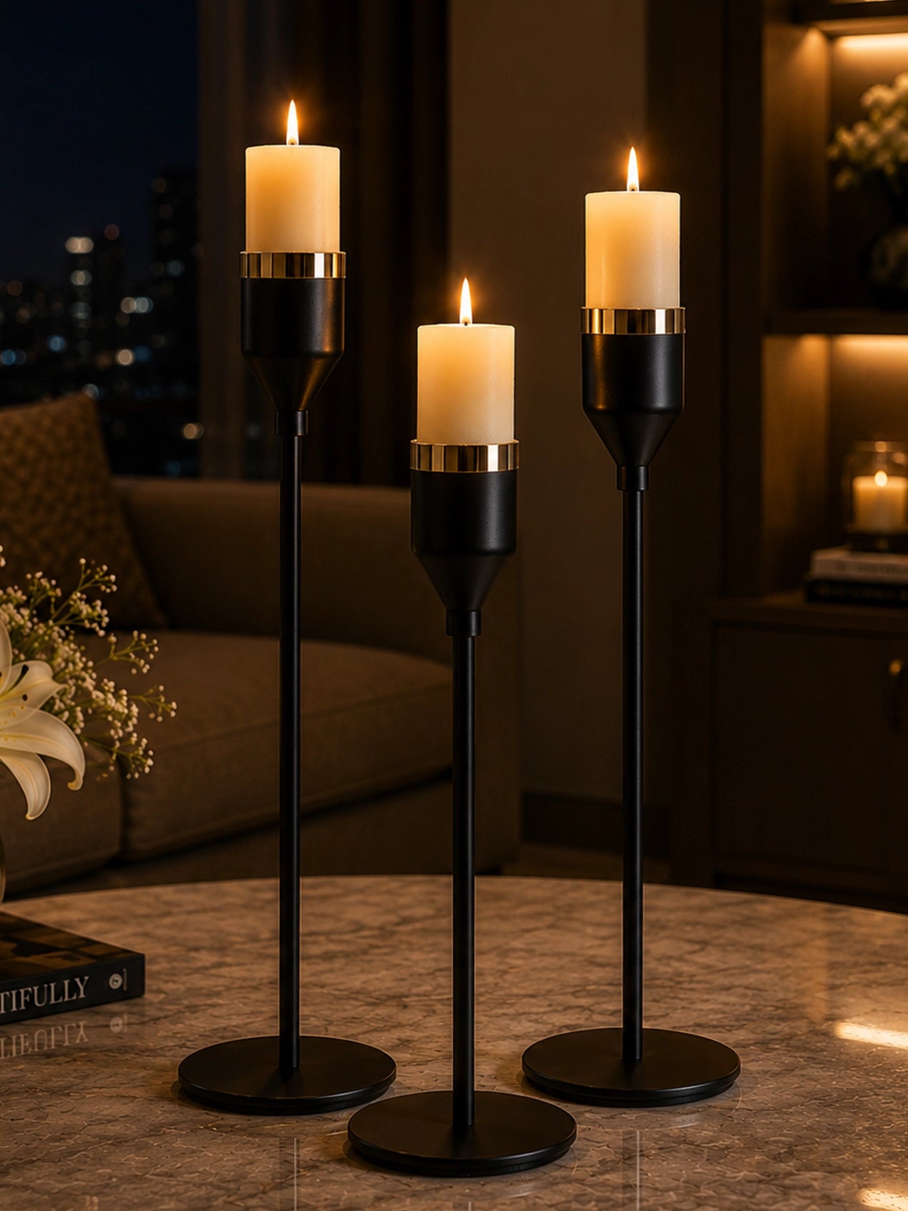 Candle Holder with Gold Accent | Matt Black | Set of 3