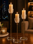 Candle Holder with Glass Base | Golden | Circular Top | Set of 3