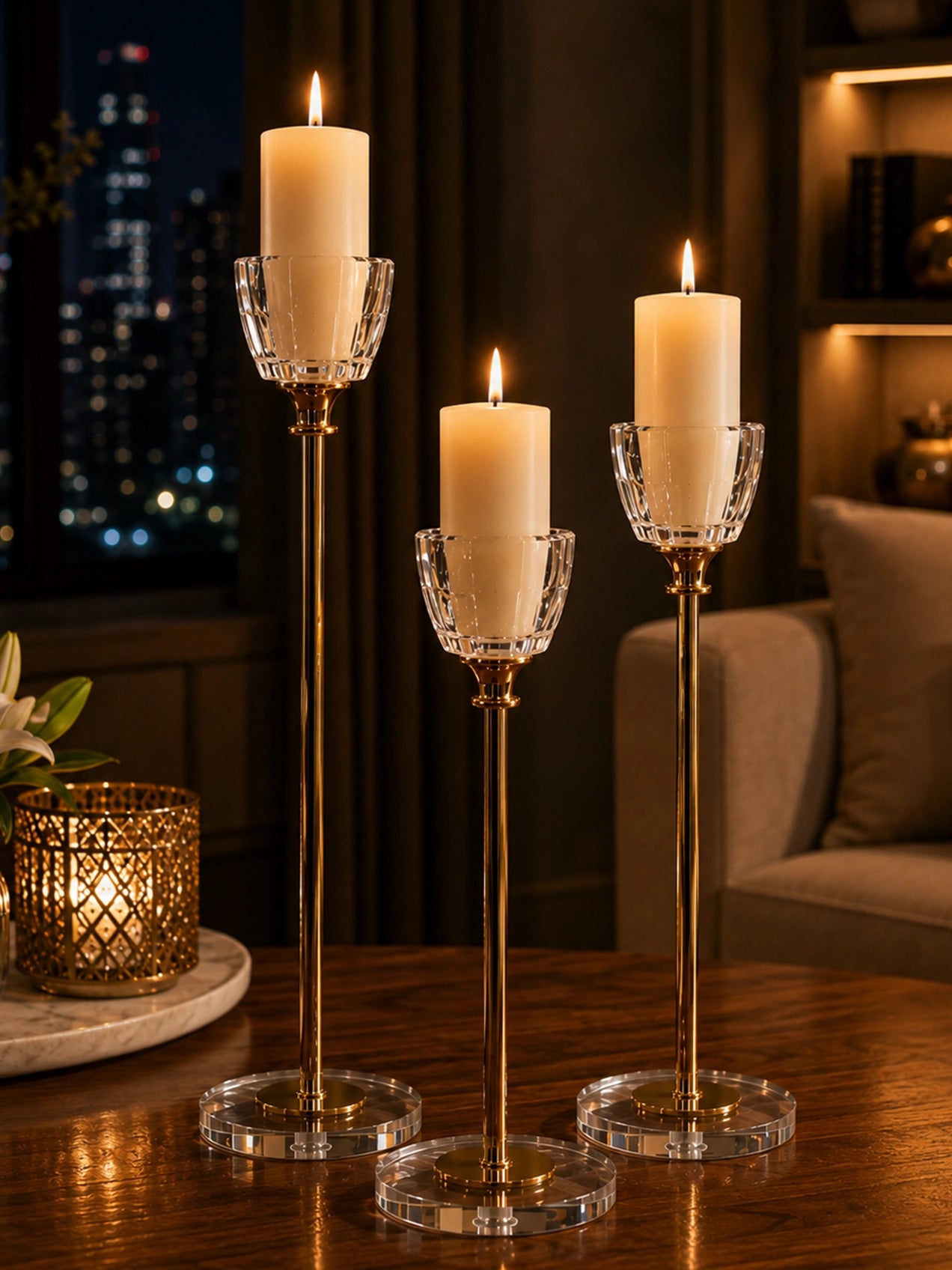 Candle Holder with Glass Base | Golden | Circular Top | Set of 3