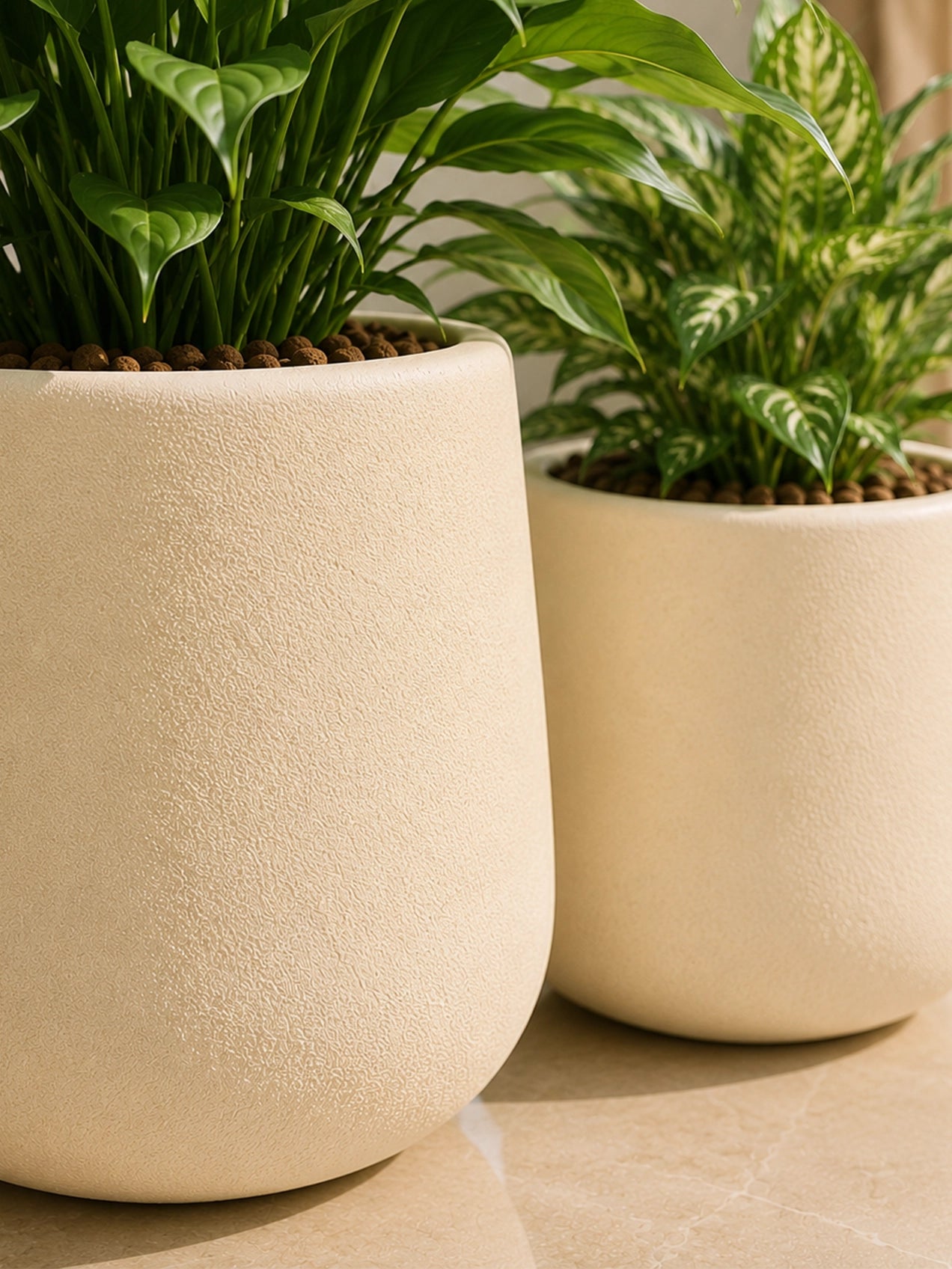 Textured Plain Cream Planters | 22 cm, 30 cm | Set of 2