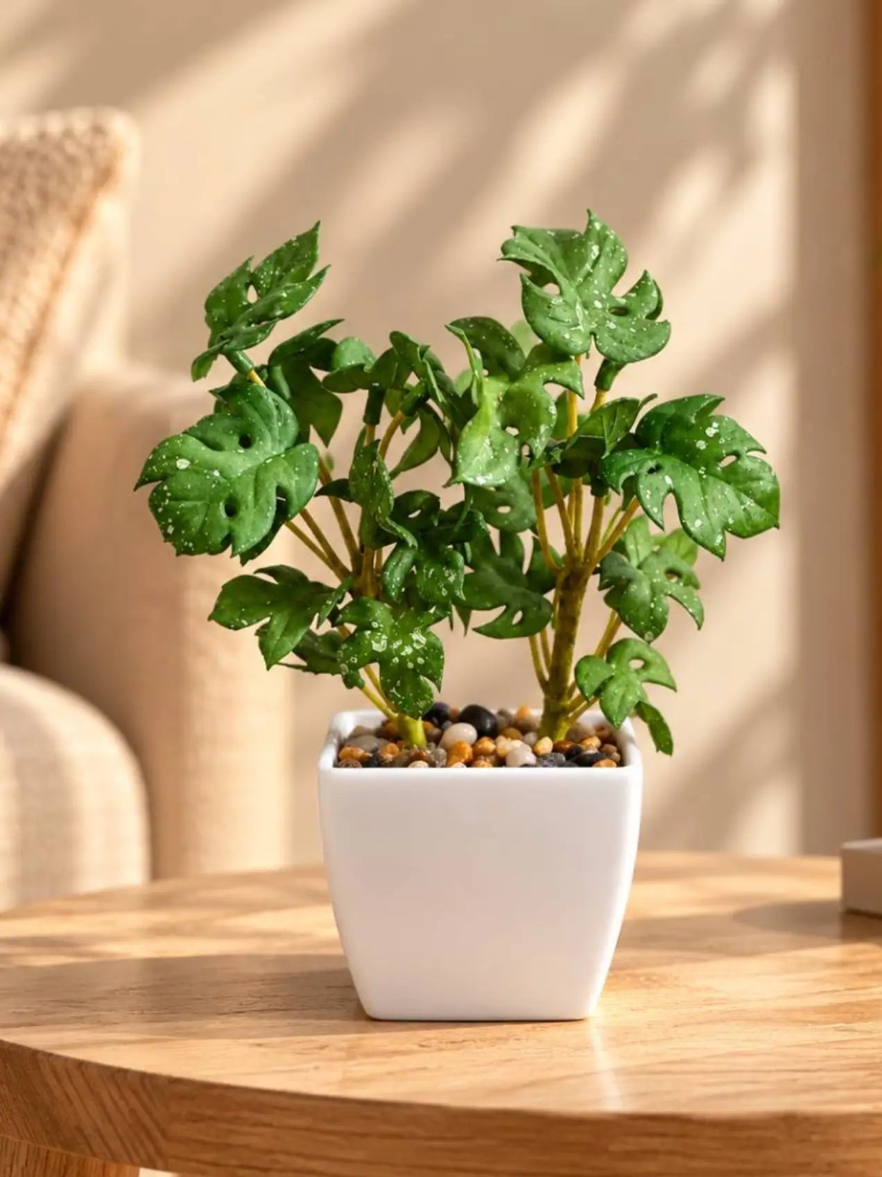 Artificial Mini Monstera Succulent, Light Green, 18 cm, with Basic Black Pot