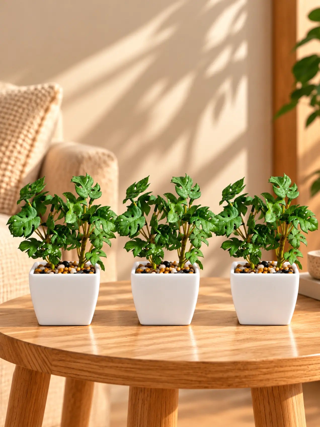 Artificial Mini Monstera Succulent, Light Green, 18 cm, Set of 3, with Basic Black Pot