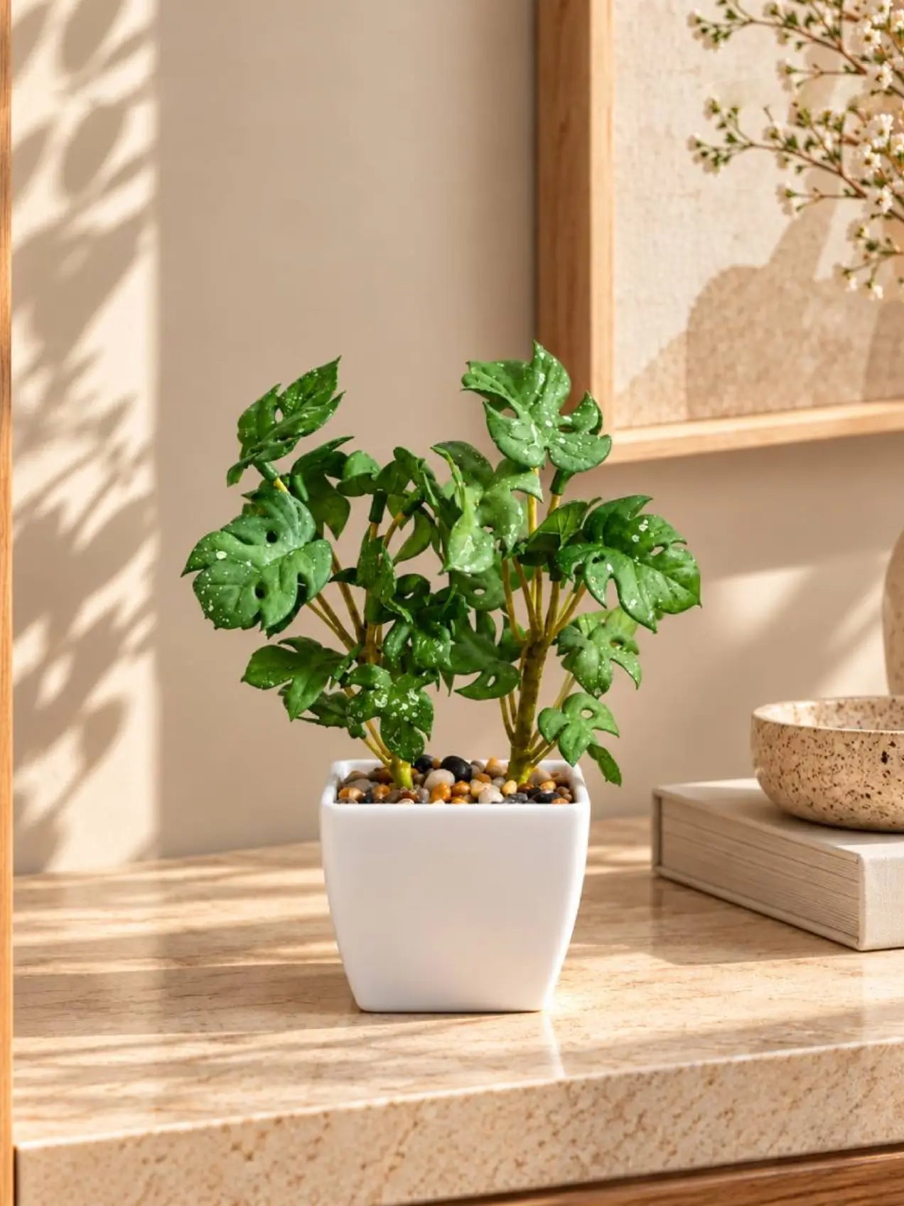 Artificial Mini Monstera Succulent, Light Green, 18 cm, with Basic Black Pot