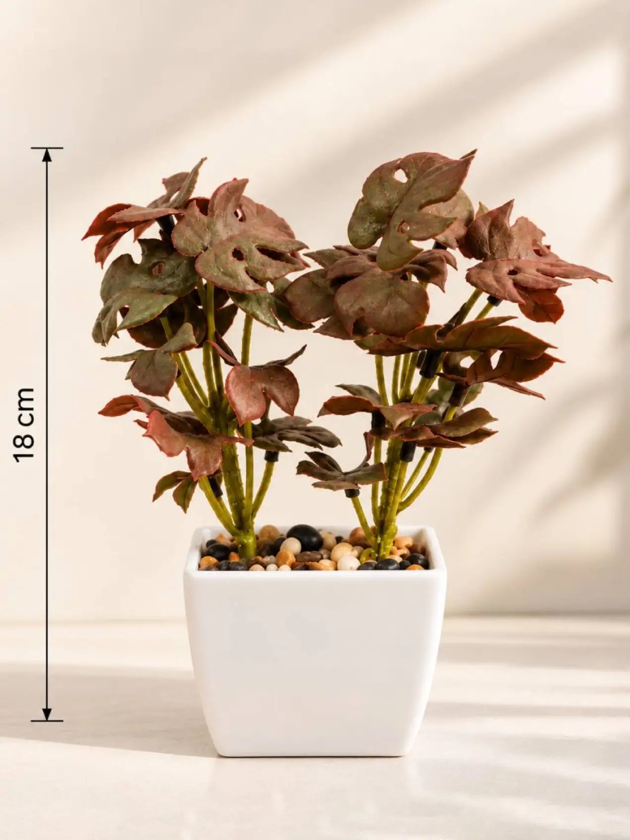 Artificial Mini Monstera Succulent, Maroon, 18 cm, with Basic Black Pot
