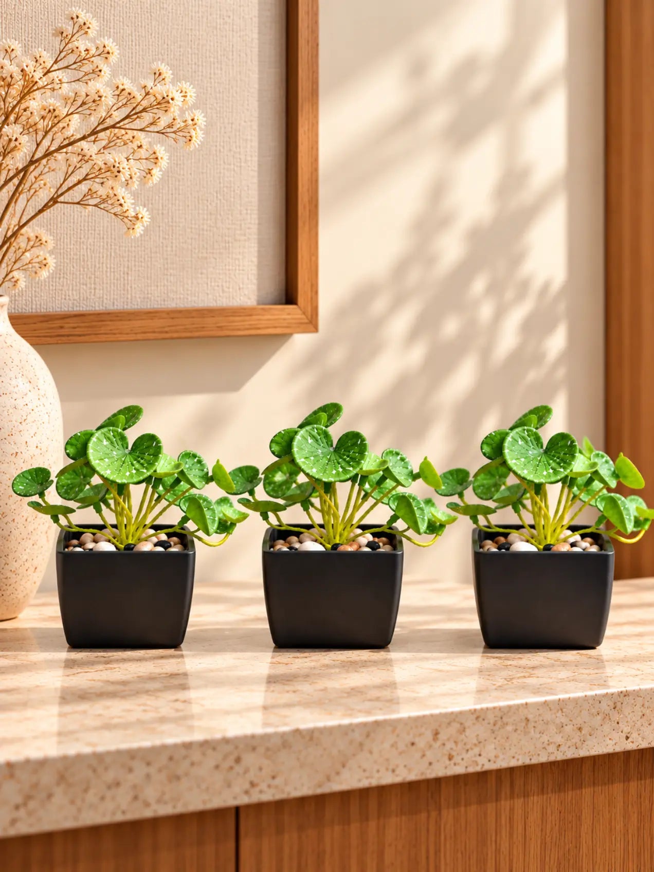 Lush Leaf Pennywort Artificial Succulent, Dark Green & White, 14 cm, Set of 3, with Basic Black Pot