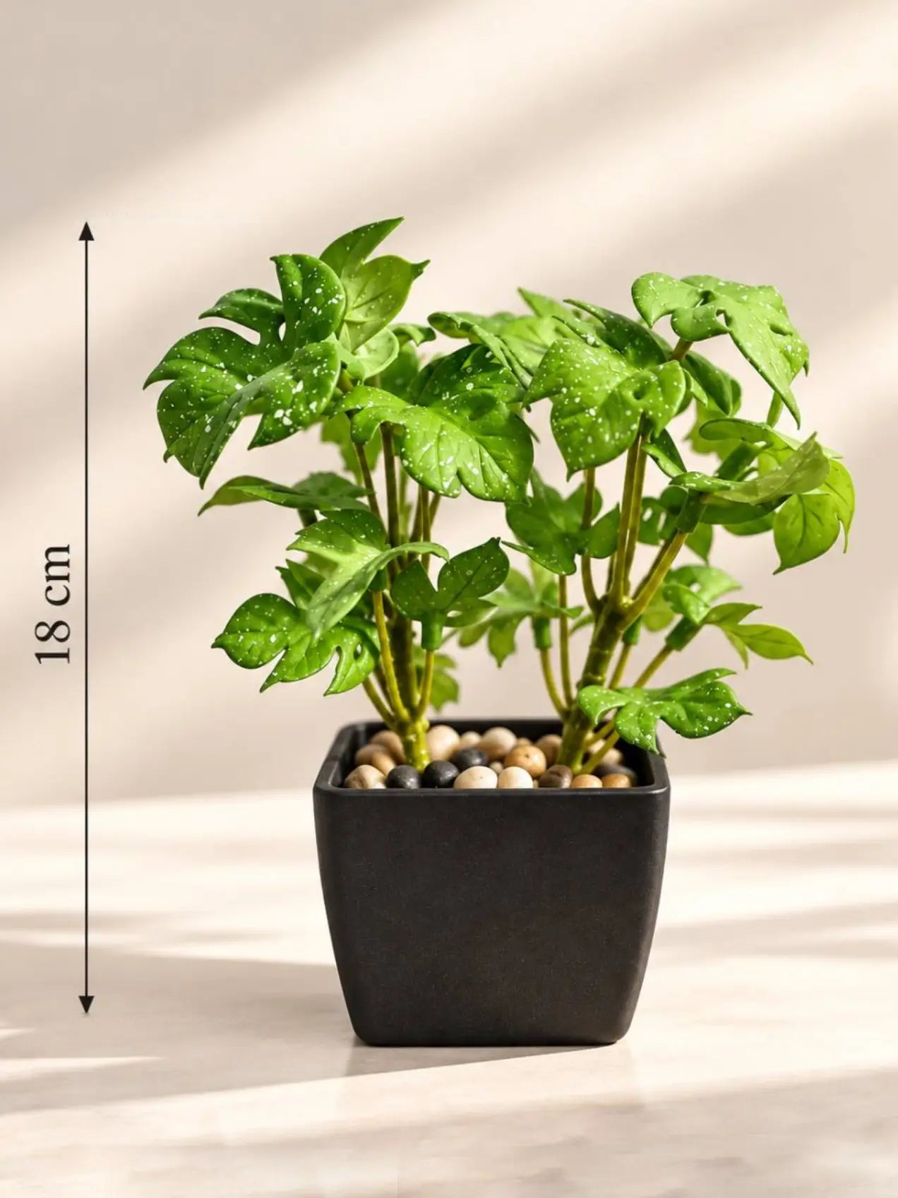 Artificial Mini Monstera Succulent, Light Green, 18 cm, with Basic Black Pot