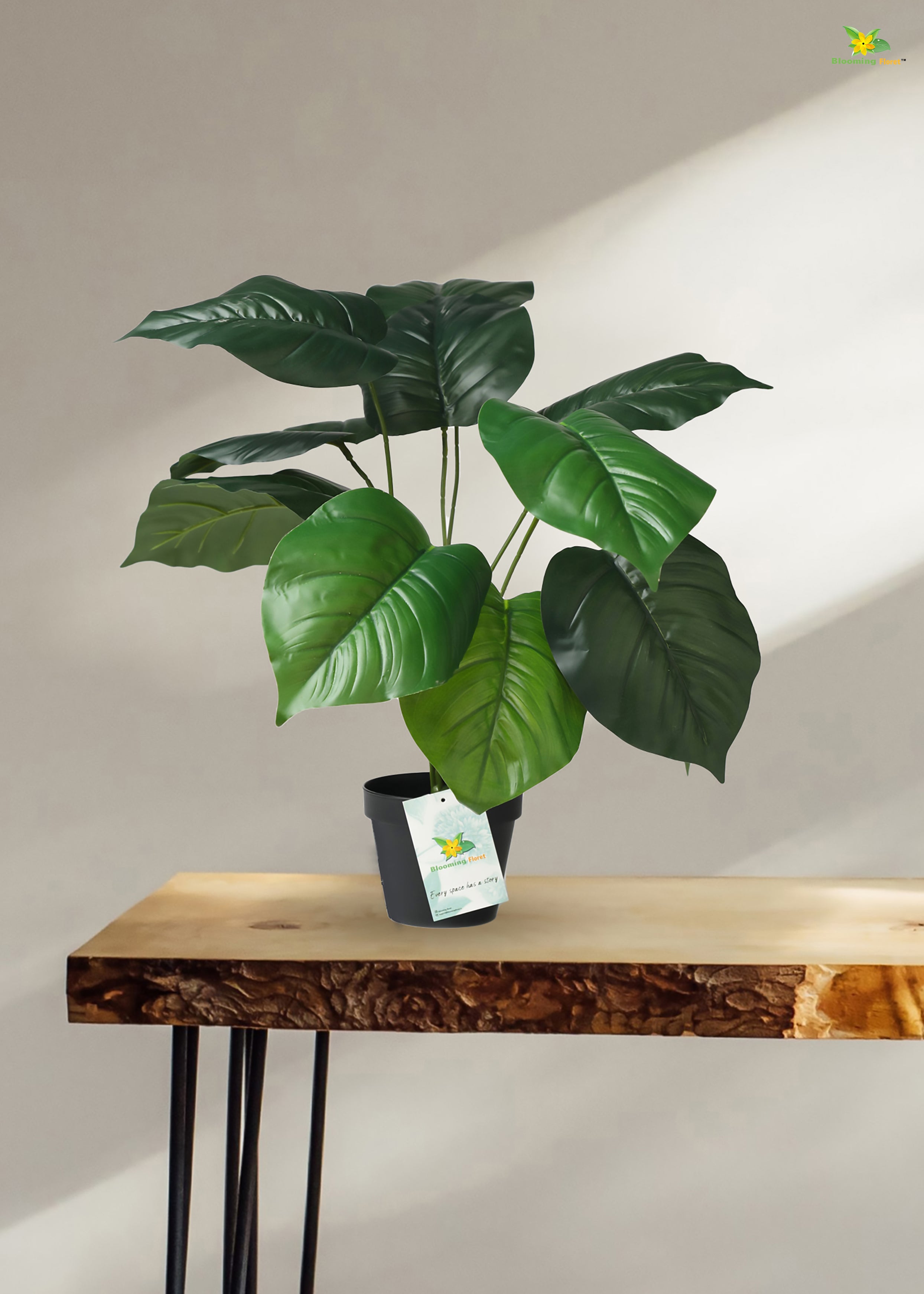 Artificial Philodendron Plant For Decor-12 Green Leaves-50.8 cm Short Tropical Plant-With Basic Pot